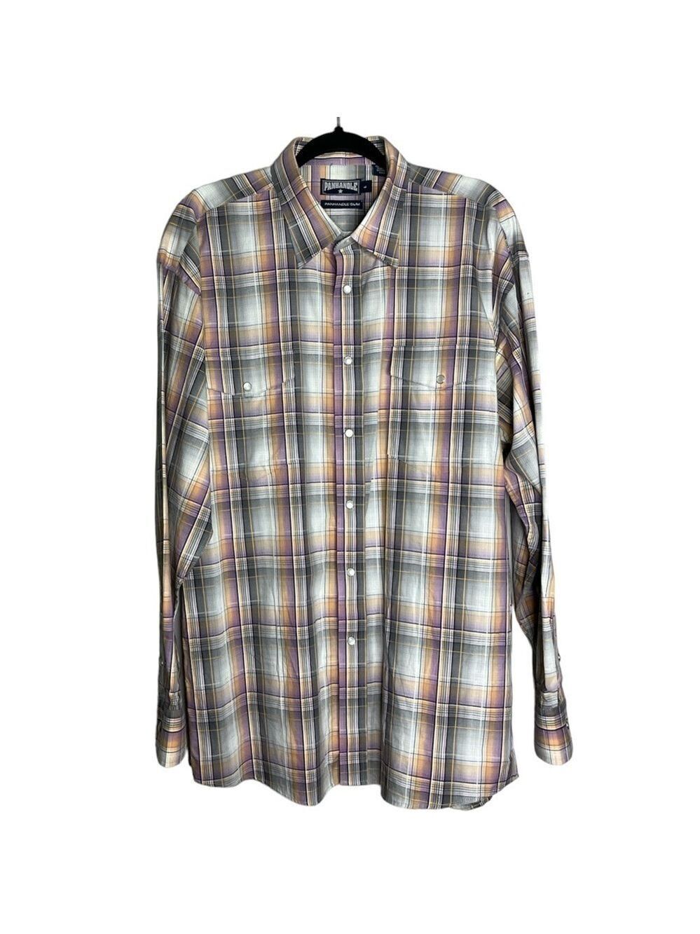 Panhandle Slim Plaid Western Snap Button Long Sleeve Shirt Purple Grey, size L